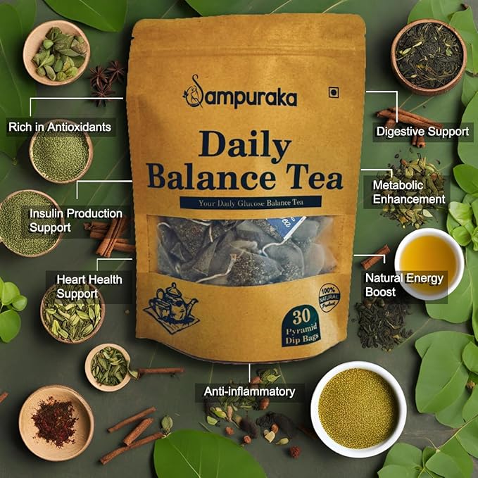 Daily Balance Tea - Natural Herbal Tea with Moringa, Gymnema, Jamun seeds, Cassia, Fenugreek, Guava leaves, Cinnamon - 30 Pyramid Tea Bags (3)