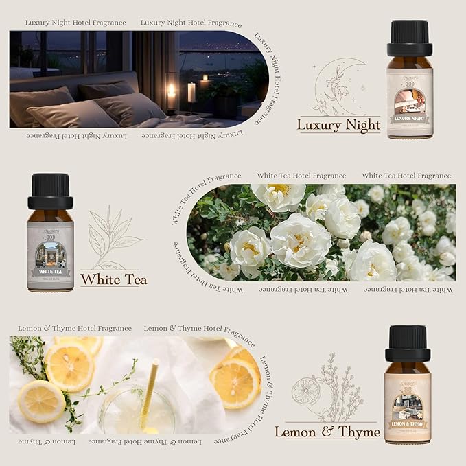 SALUBRITO Hotel Fragrance Oil Set, Luxury Essential Oil Set for Diffuser, Candle, Soap Making Scents, Luxury Night, White Tea, Lemon & Thyme, Citrus Bliss, Hotel Lobby, Jasmine & Mint, Strong Scented
