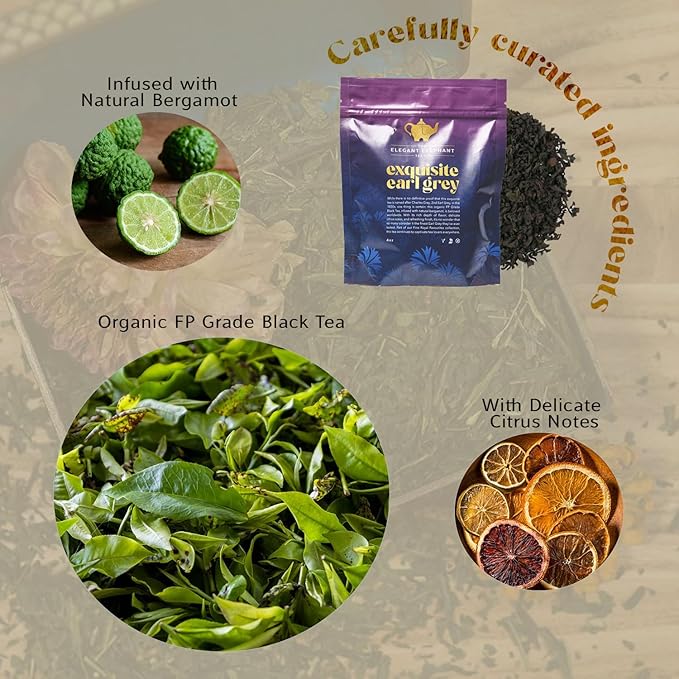 Earl Grey Tea, Organic Loose Leaf Black Tea – Classic Bergamot & Citrus Flavor – Boost Clarity & Wellness – Drink Hot or Iced – 4 oz Resealable Bag (Makes 50 Cups) – The Elegant Elephant