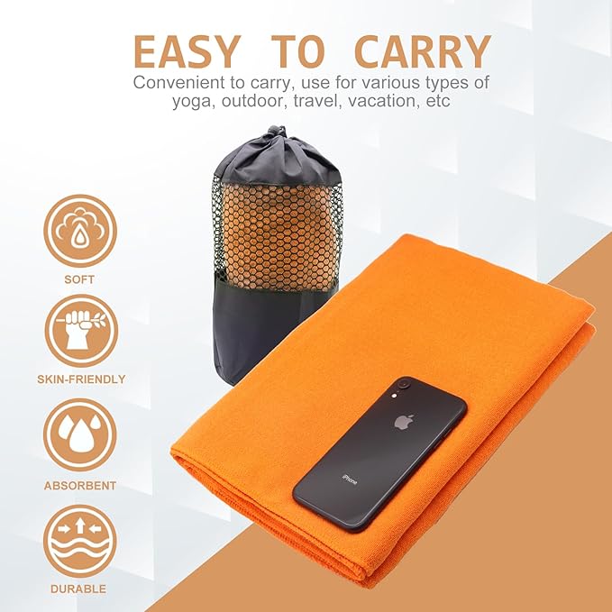 Eunzel Yoga Towel,Hot Yoga Mat Towel with Grip Dots Sweat Absorbent Non-Slip for Hot Yoga, Pilates and Workout 24" x72", Orange