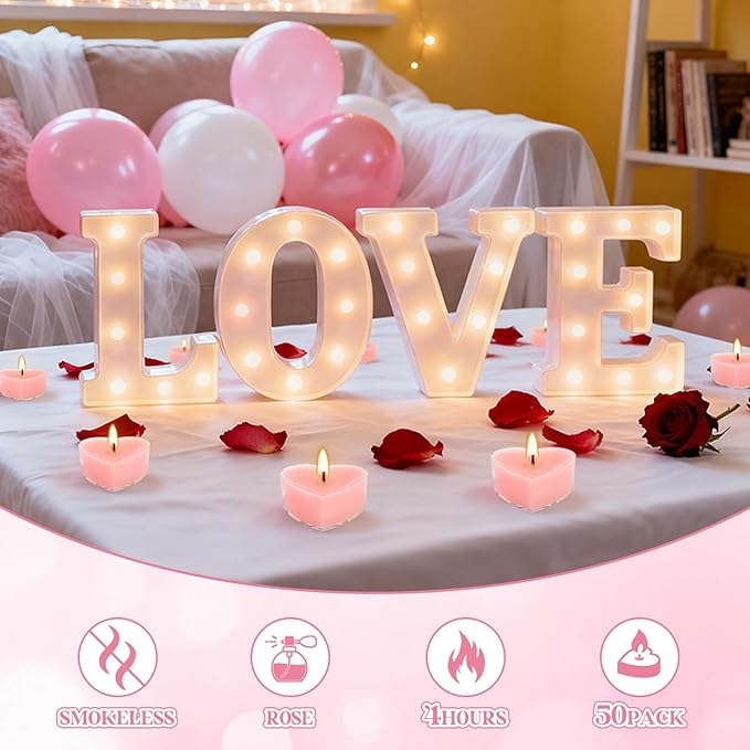 50 PCS Heart Shaped Tea Light Candles, Rose Scented 4-Hour Burn Smokeless Tealights for Valentine's Day, Wedding Anniversary, Proposal，Romantic Decorations