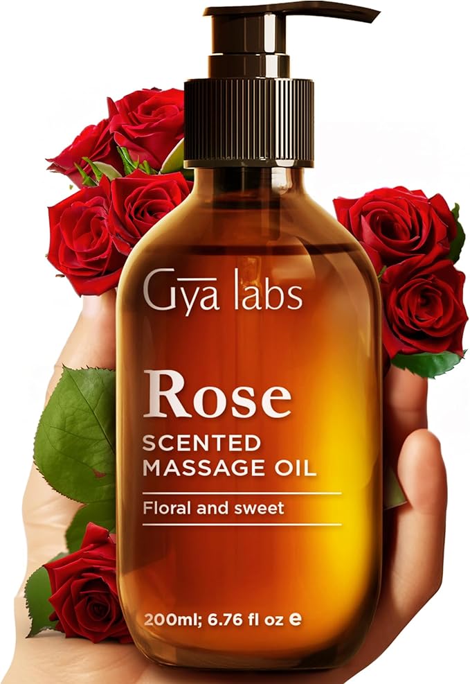 Gya Labs Rose Massage Oil - 6.76 Fl Oz - Non-Greasy Formula for Sore Muscles, Deep Relaxation & All Skin Types - Suitable for Men & Women