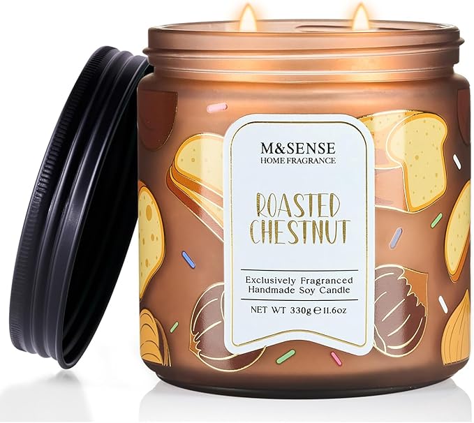 M&SENSE Roasted Chestnut Scented Candle, 11.6oz Natural Soy Wax, 70 Hours Long Lasting Clean Burn, Warm Nutty Aroma for Holiday Home Decor, Non-Toxic Relaxing Winter Gifts for Women