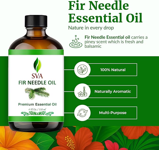 SVA Fir Needle Essential Oil – 4 Fl Oz – 100% Natural Fir Needle Oil - for Diffuser, Hair Care, Face, Skin Care, Aromatherapy, Scalp and Body Massage, Soap and Candle Making – with Dropper