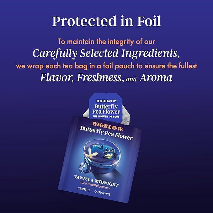 Bigelow Tea Vanilla Midnight Butterfly Pea Flower, Caffeine Free (Pack of 6), 108 Total Tea Bags