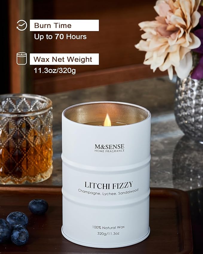 M&SENSE Soy Candles Litchi Fizzy Scented 11.3oz 70 Hour Long Lasting Natural Wax Non Toxic, Summer Candle Cozy Home Decor, Relaxing Aromatherapy Gifts for Women Mom Girlfriend