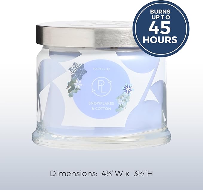 PartyLite 3-Wick Jar Candle, Highly Fragranced Clean Burning Glass Candle, 25-45 Hours Burn Time (Snowflakes & Cotton)