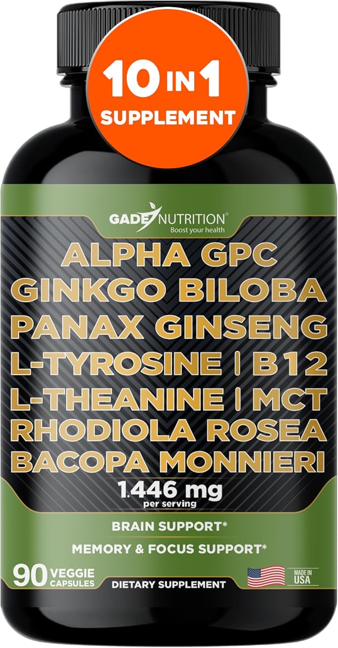 Gade Nutrition Alpha GPC + Ginkgo Biloba + Panax Ginseng + L- Tyrosine, L-Theanine, Bocopa Monnieri, Rhodiola Rosea, B12, MCT