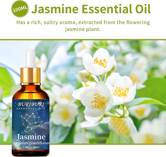 BURIBURI Jasmine Essential Oil 100% Pure Undiluted Aromatherapy Jasmine Oil 100ML/3.38fl.oz for Soap, Candle Making, Massage, Diffuser, Humidifier