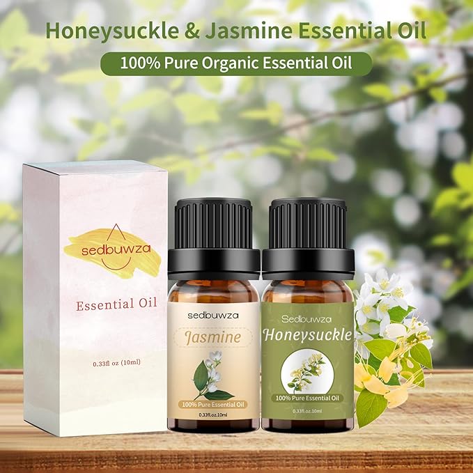 Sedbuwza Jasmine Honeysuckle Essential Oil Set, Jasmine Fragrance Oil Honeysuckle Scent Oil Set for Diffuser, Aromatherapy, Massage, Soap, Candle Making 2 x 10 ml
