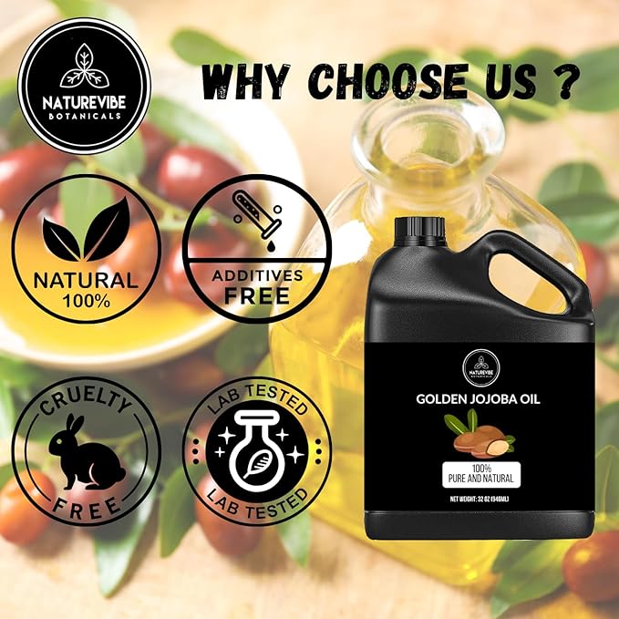 Naturevibe Botanicals Golden Jojoba Oil 32 oz – 100% Pure, Cold-Pressed Moisturizer for Skin & Hair | Antioxidant-Rich, Non-Greasy, Carrier Oil & Daily Hydration