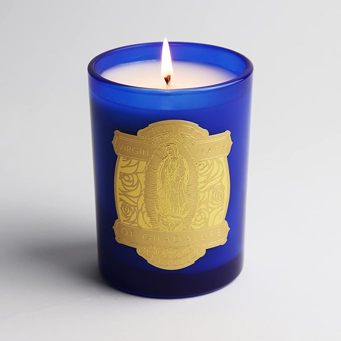SAINT Virgin Mary of Guadalupe Scented Candle with Prayer and Prayer Coin, Soy Coconut Aromatherapy Candle with 80 Hour Burn Time, Special Edition, Blue