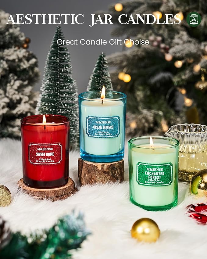 M&SENSE Cederwood Pine Scented Candles, Christmas Candle Home Glitter Jar Candle, Holiday Gifts for Women, Strong Scented Natural Soy Candle for Christmas Decor, 50 Hours Long Burning Candles