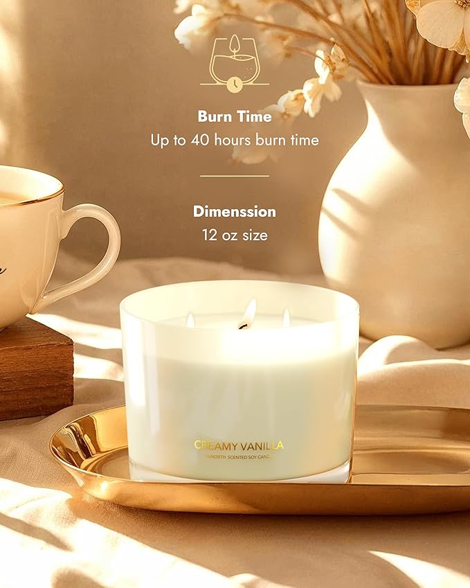 96NORTH Creamy Vanilla Scented Candles | Large 3 Wick Jar Candle | Up to 40 Hours Burning Time | 100% Natural Soy Wax | Relaxing Scented Candle for Home | Gift-Ready Luxury Candle for Men & Women