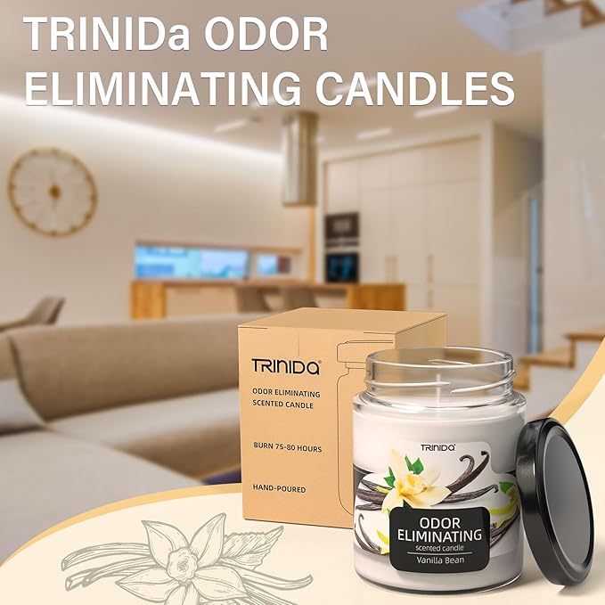 TRINIDa Vanilla Bean Odor Eliminating Candles for Home Scented, Eliminates 99% of Pet, Smoke, Food and Other Smell Quickly, Highly Fragranced Scented Candle, Premium Soy Candle Set for Women