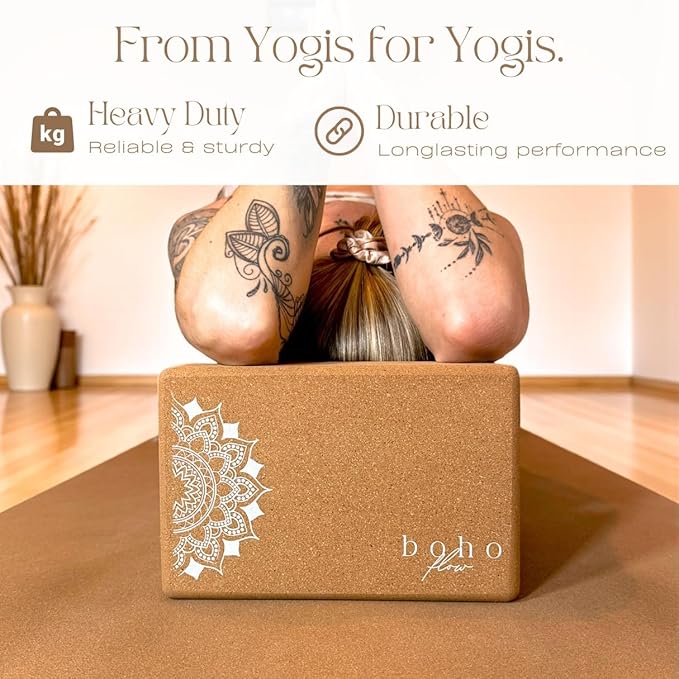 Boho Flow Cork Yoga Block 2 Pack with Strap & Bag | Premium Eco-Friendly Cork Bricks 9”x6”x3” | Heavy-Duty, Non-Slip & Durable Yoga Props | Plastic-Free, EVA-Free, Non-Toxic