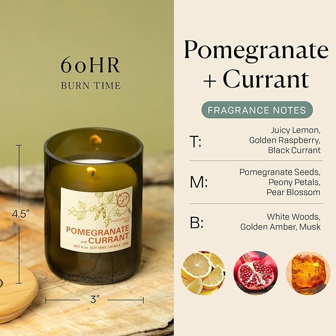 Paddywax Eco Collection Scented Soy Wax Candle in Glass Jar, Pomegranate & Currant Fragrance, Green Vessel with Wood Lid, 8 oz