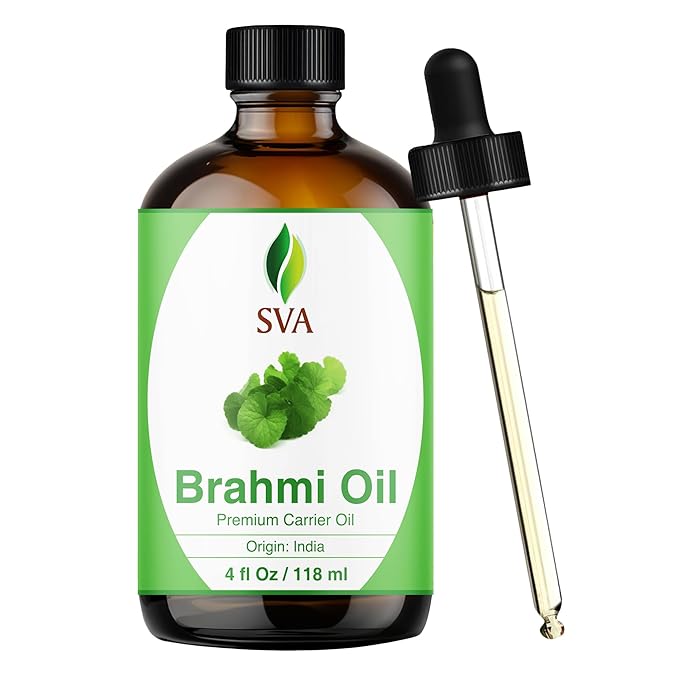 SVA Brahmi Oil - 4 Fl Oz – 100% Natural Cold Pressed Brahmi Oil - for Face, Skin Care, Hair Care, Scalp Massage & Body Massage – Carrier Oil with Dropper