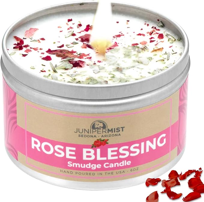 Rose Smudge Candle (6oz) Love and Healing – Energy Cleansing Candle - Real Sage & Essential Oils – Spiritual for Protection, Meditation & Manifestation – Soy-Based - Made in The USA