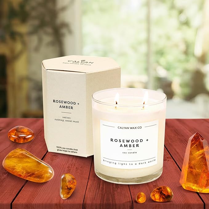 Calyan Wax Co. Rosewood & Amber 2 Wick Scented Candle - 37 Hour Burn - Luxury Non Toxic Soy Wax Candles - Long Lasting Large Glass Jar Candle for Home - 8.8oz