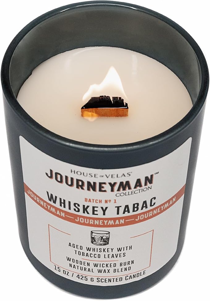 Journeyman Collection Candle, 15oz, Wooden Wick, Whiskey Tabac, Large Painted Jar