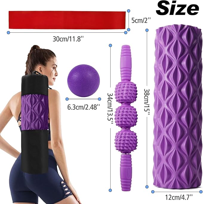 5 in 1 Foam Roller Set Trigger Point Foam Roller, Massage Roller Stick, Massage Ball, Stretching Strap for Deep Muscle Massage Pilates Yoga, Fitness Exercise for Whole Body (Purple Diamond)