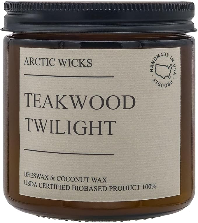 Arctic Wicks Handcrafted Candles | Non Toxic Coconut Beeswax Candles 16oz Double Wick | 100% USDA Certified Biobased, Handmade, Premium Waxes, Non-Toxic (Teakwood Twilight, 16oz Amber Jar)