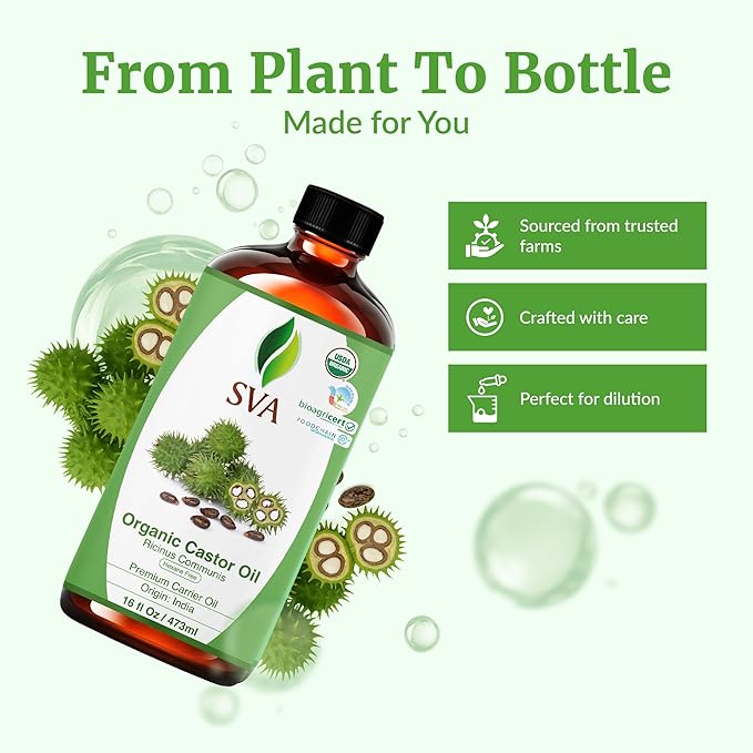 SVA Castor Seed Oil Organic - 16 Fl Oz – 100% Natural Cold Pressed Organic Castor Oil - for Face, Skin Care, Hair Care, Scalp Massage & Body Massage with Pump