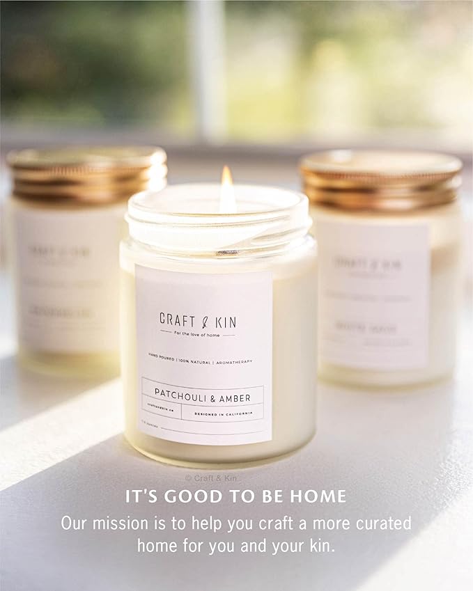 Craft & Kin Patchouli & Amber Scented Candle | 8 Oz, 45-Hour Long Lasting | Classic Soy with Woodwick Winter Candles | Made with Natural Soy | Holiday Candles Gifts for Men and Women