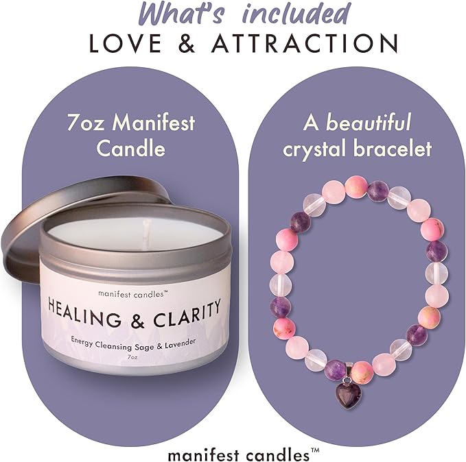 Lavender & Sage Healing Candle with Crystals Bracelet, 45 Hour Burn, Healing Spiritual Gifts for Women and Men, Healing Crystals and Stones, Manifestation Candle, Spiritual