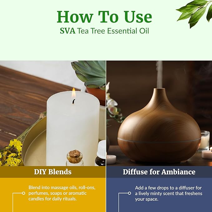 SVA Tea Tree Essential Oil – 4 Fl Oz – 100% Natural Tea Tree Oil - for Diffuser, Hair Care, Face, Skin Care, Aromatherapy, Scalp and Body Massage, Soap and Candle Making – with Dropper