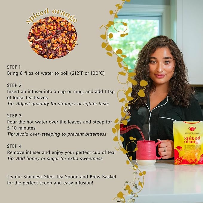 Spiced Orange Tea, Loose Leaf Herbal Tea – Sweet, Spicy, Caffeine-Free – Orange, Apple & Cinnamon Spice – Drink Hot or Iced – 4 oz Resealable Bag (Makes 50 Cups) – The Elegant Elephant
