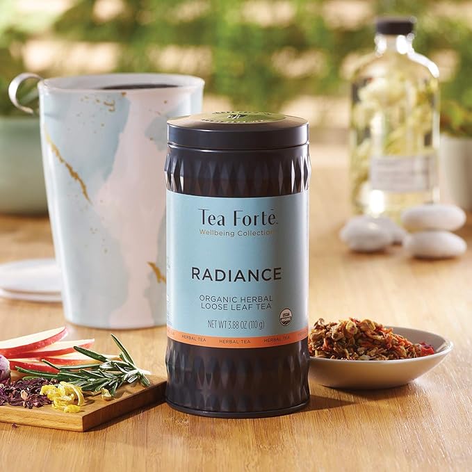 Tea Forte Radiance Premium Organic Loose Leaf Caffeine-Free Herbal Tea Blend Canister, Makes 35-50 Cups