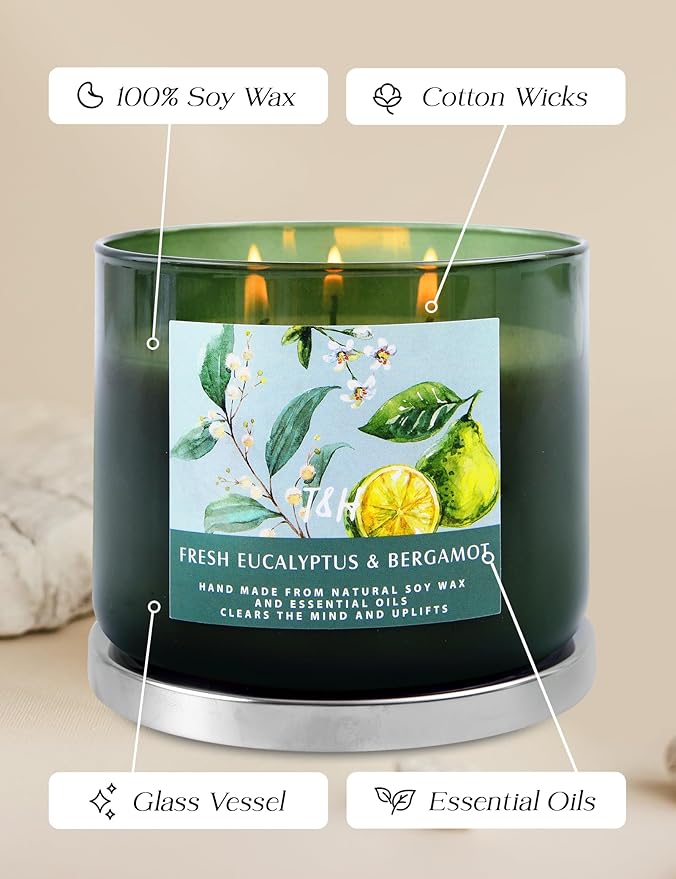 Eucalyptus & Bergamot 3-Wick Soy Scented Candle, 15.8 oz Large | Spa Fresh Scented Candle for Home | Aromatherapy Eucalyptus Candle | Housewarming Gift
