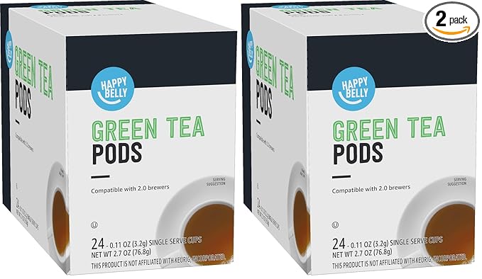 Amazon Brand - Happy Belly Tea Pods Compatible with 2.0 K-Cup Brewers, Green Tea, 24 Count, Pack of 2 (Previously Solimo)
