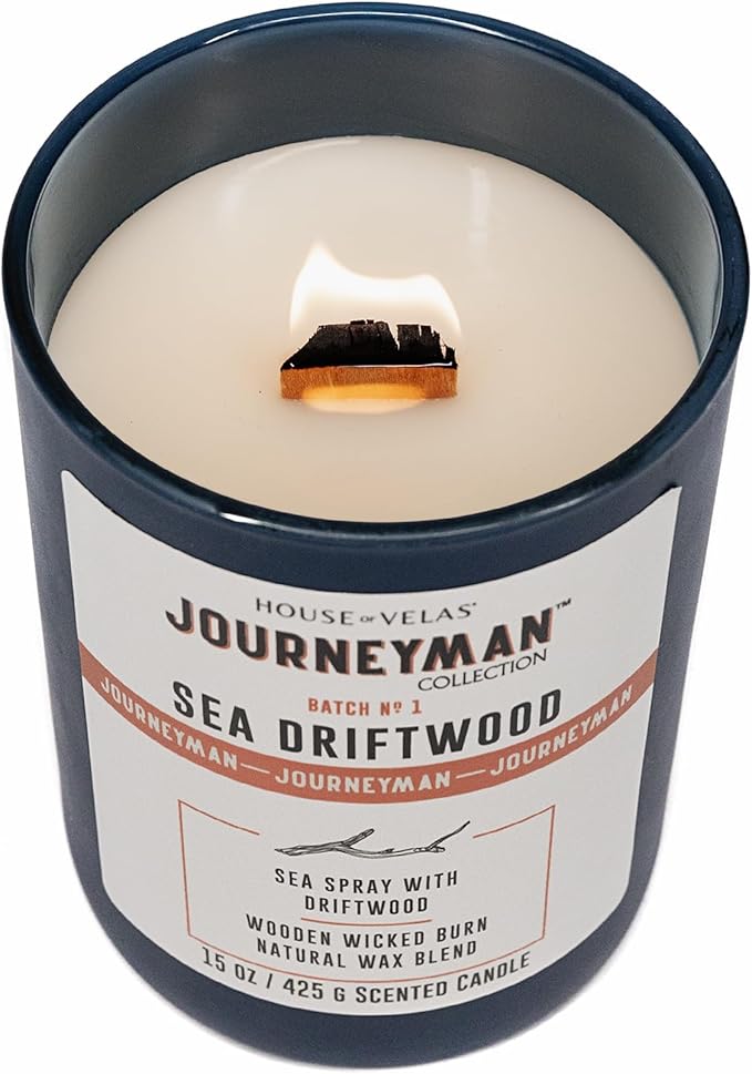 Journeyman Collection Candle, 15oz, Wooden Wick, Sea Driftwood, Large Painted Jar
