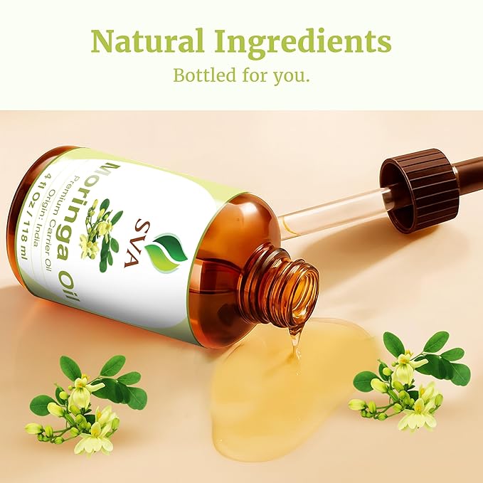 SVA Moringa Seed Oil - 4 Fl Oz – 100% Natural Cold Pressed Moringa Oil - for Face, Skin Care, Hair Care, Scalp Massage & Body Massage – Carrier Oil with Dropper