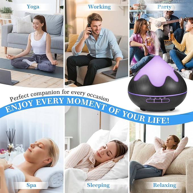 500ML Essential Oil Diffuser, Aromatherapy Diffuser with Remote Control, Multifunctional Air Diffusers for Home Office Room, Fragrance Aroma Diffuser with 7 Color LED & 2 Mist Mode, Black