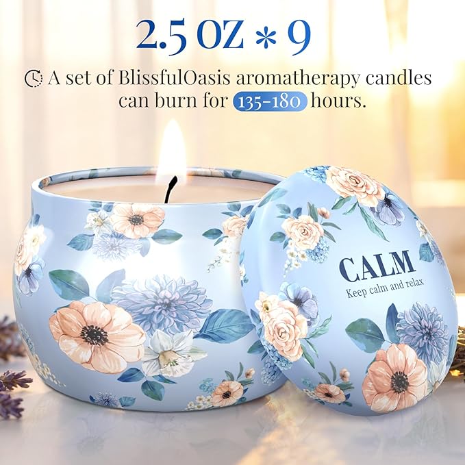 BlissfulOasis Scented Candles Set, 22.5 oz 9 Pack Candles for Home Scented, 135-180 Hours Candle Set for Men and Women, Ideal for Birthday Gift, Valentine's Day, Mother's Day, Relief Aromatherapy