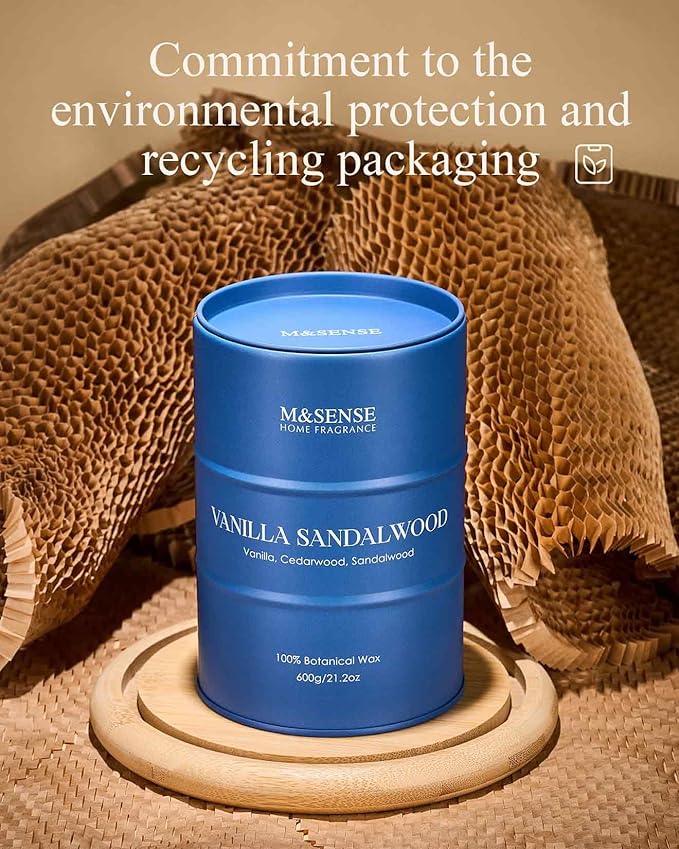 M&SENSE Vanilla Sandalwood Scented Candles Large, Natural Soy Candles 21.2oz 120 Hour Slow Burning,Aromatherapy Candle for Stress Relief Meditation Relaxing
