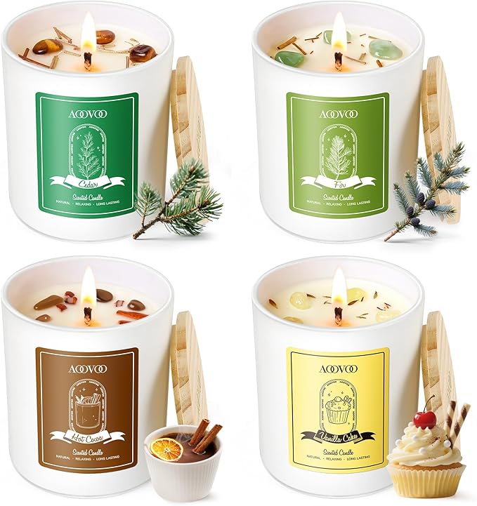 AOOVOO Christmas Candles Set for Women - 4 Pack Candles for Home Scented, Aromatherapy Candle with Crystals, 28 oz 200 Hour Long Lasting Candle, Winter Fragrance of Cedar, Fir, Hot Cocoa, Vanilla Cake