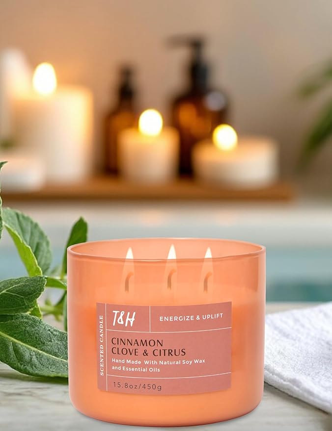 Cinnamon Clove & Citrus 3-Wick Soy Scented Candle, 15.8 oz Large Jar, Spiced Orange Clove Aromatherapy Candle, Winter Home Fragrance, Long Lasting, Clean Burning