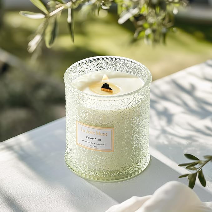 LA JOLIE MUSE Citrus Mint Candle - Bergamot, Yuzu, Mint | 19 oz Large Wooden Wick Candle | Natural Soy Wax | 90 Hours Clean Burn | Fresh Citrus Candles | Modern Home Decor
