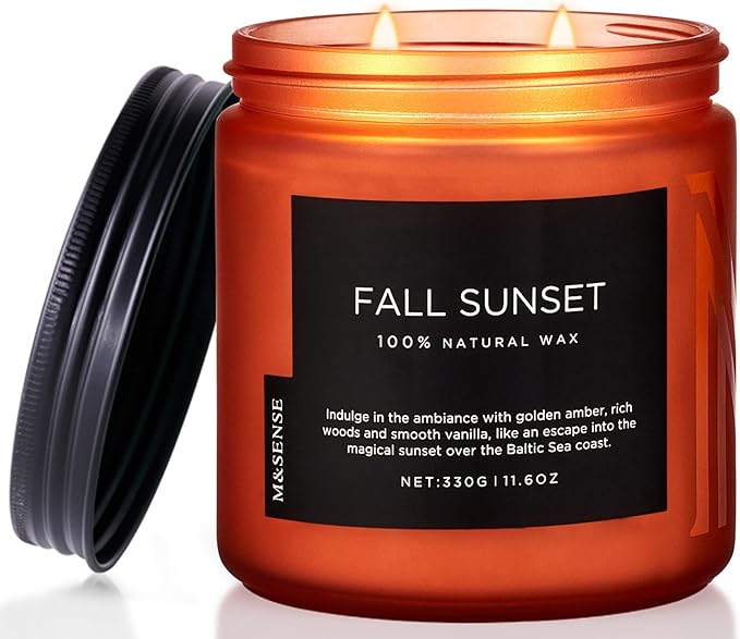 M&SENSE Baltic Amber Fall Scented Candle, 11.6oz Clean Natural Soy Wax Non Toxic Up to 70 Hours Burn Time 2 Cotton Wick Housewarming Candle for Home Scented
