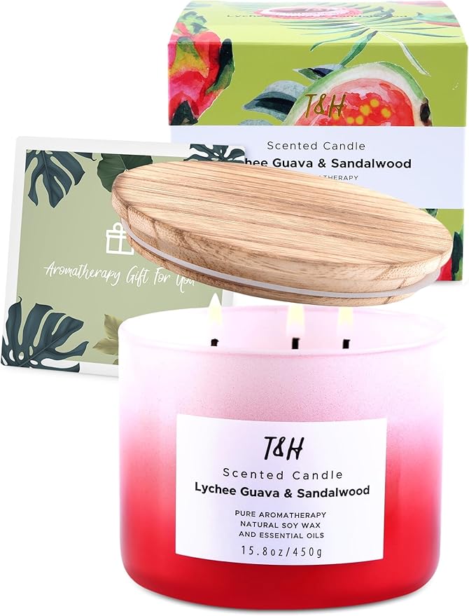 Lychee Guava Sandalwood 3-Wick Soy Scented Candle, 15.8 oz Large | Tropical Fruity Candle for Home | Aromatherapy Candle | Highly Scented, Clean Burning, Long Lasting