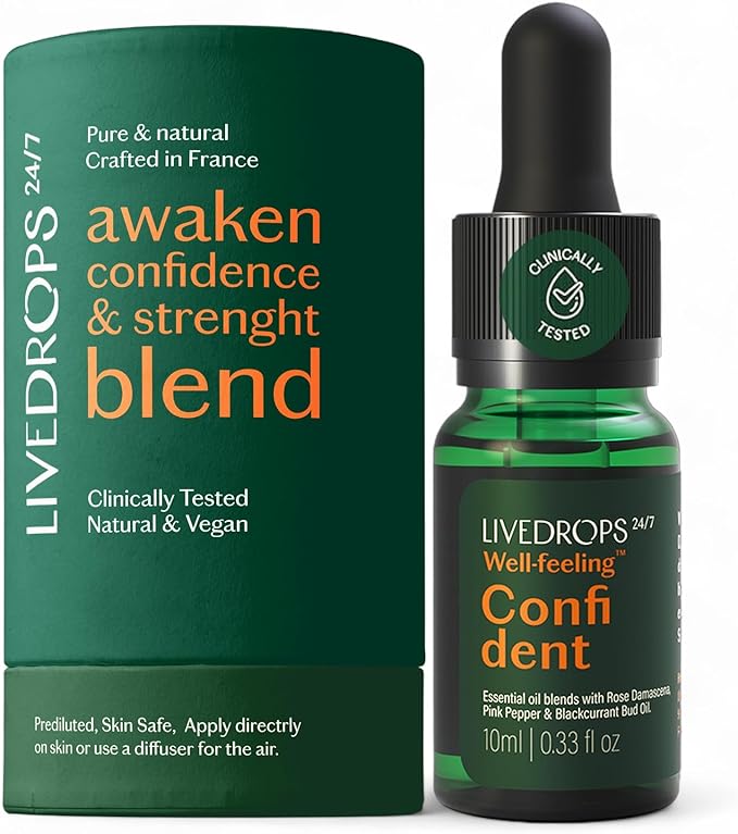 Livedrops 24/7 Confident Essential Oil Blend 10ml | Rose Damascena, Pink Pepper & Blackcurrant Bud Oil | Natural Vegan Aromatherapy | Skin & Diffuser Use | Crafted in France | Clinically Tested