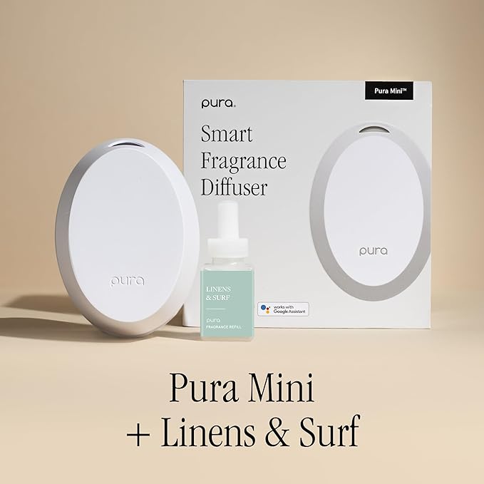 Pura Mini Smart Fragrance Diffuser for Small Spaces Adjustable Smart Home Device with LED Light & Automatic Vial Detection - Includes 1 Scent Refill; Linens & Surf
