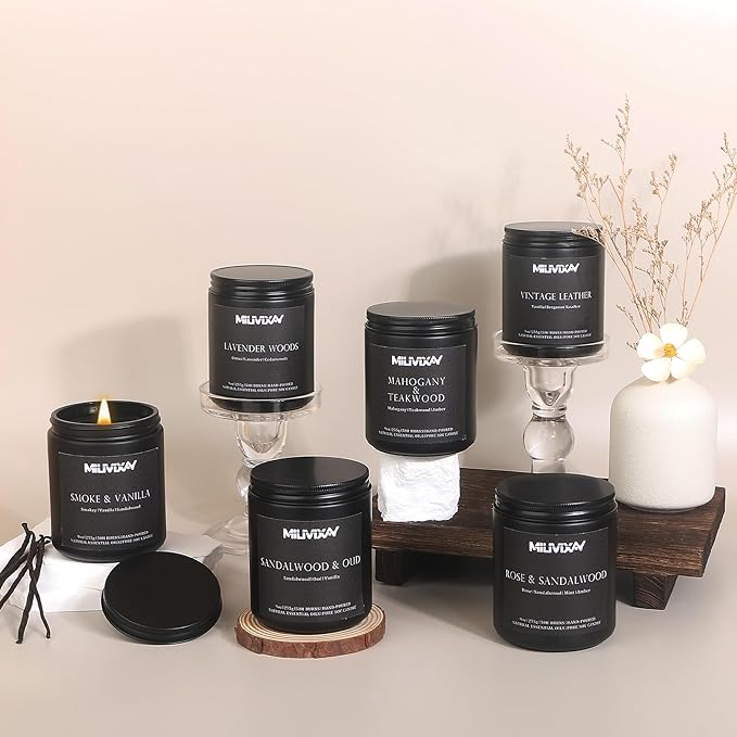 MILIVIXAY Scented Candles for Men-6 Pack Soy Wax Candles for Home Scented, 300 Hour Burn Time, Lavender Woods/Vintage Leather/Smoke & Vanilla/Sandalwood & Oud/Mahogany & Teakwood/Rose & Sandalwood.