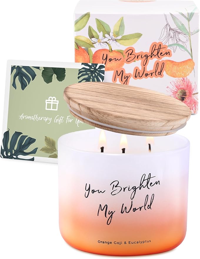 Orange Goji Berry & Eucalyptus 3-Wick Soy Scented Candle, 15.8 oz Large | Scented Candles for Home | Citrus Eucalyptus Aromatherapy Candle | “You Brighten My World” Quote