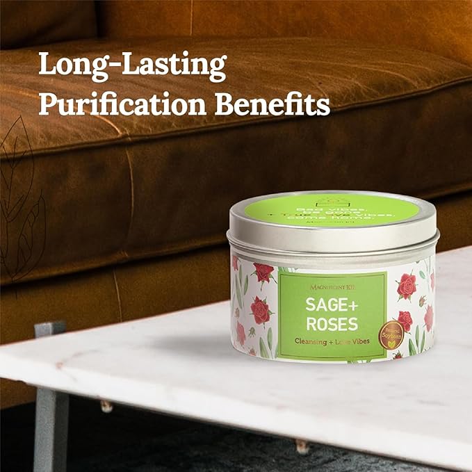 MAGNIFICENT 101 Sage & Roses Aromatherapy Candle for Space Cleansing - 6 oz Soy Wax - 35-Hour Burn - Long-Lasting Fragrance & Manifestation - Meditation Accessory & Spiritual Decor